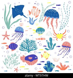 Creature sottomarine di pesce, meduse, granchio, clownfish, seaplants e coralli, impostato con animali marini per tessuto, tessuto, carta da parati, nursery decor, p Illustrazione Vettoriale