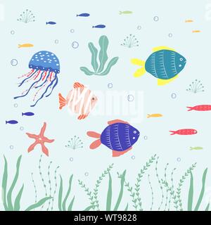 Creature sottomarine di pesce, meduse, clownfish, seaplants e coralli, impostato con animali marini per tessuto, tessuto, carta da parati, nursery decor, stampe, Illustrazione Vettoriale