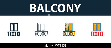 Balcone icon set. Quattro elementi in diversi stili dal real estate raccolta di icone. Balcone Creative icone riempito, del contorno colorato e simboli di Piana Illustrazione Vettoriale