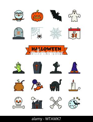 Simboli di Halloween icona linea collezione. Set di 20 vettore spooky elementi di design in pieno stile contorno. Illustrazione Vettoriale