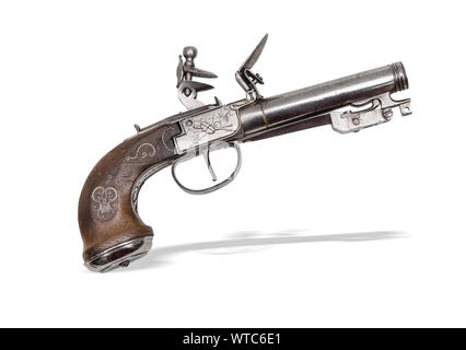 Unione flintlock pistol del XIX secolo, circa .55 calibro, con una piegatura a baionetta, sicurezza, intarsio di filo di impugnature in legno e un 4'' barra rotonda Foto Stock