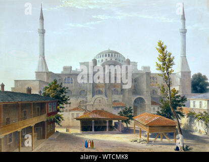 Madrasah cortile interno e esterno della moschea Ayasofya, originariamente la chiesa di Hagia Sophia, il Greco antico abluzione fontane in primo piano; con grou Foto Stock