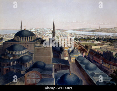 Panorama di Istanbul realizzato da un minareto della moschea Ayasofya, originariamente la chiesa di Hagia Sophia, dalla porta del corno dorato per il sobborgo Eyüp. Foto Stock