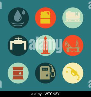 Vettore di olio e benzina oggetti industria set di icone Illustrazione Vettoriale