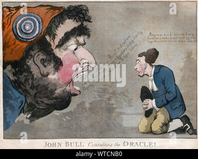 John Bull si inginocchia sulla sinistra, guardando terrorizzata all una testa mostruosa, che ruggisce a lui. La testa è quella di Charles James Fox, caricatured, con exag Foto Stock