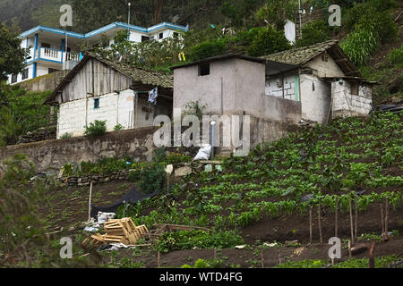 TUNGURAHUA, ECUADOR - 12 Maggio 2014: piccola casa con un giardino lungo la strada tra Ambato e Banos il 12 maggio 2014 nella provincia di Tungurahua, Ecuador Foto Stock