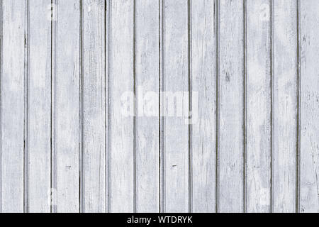 In legno dipinto di bianco palizzata. Vecchia malandata recinzione rustica con chiodi. Vintage in legno grigio texture, assi dello sfondo. Foto Stock