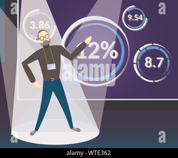 Business uomo fa una presentazione durante un seminario o un meeting. Ragazzo indossa jeans casual e maglione davanti allo schermo del display con diversi grafici e d Illustrazione Vettoriale