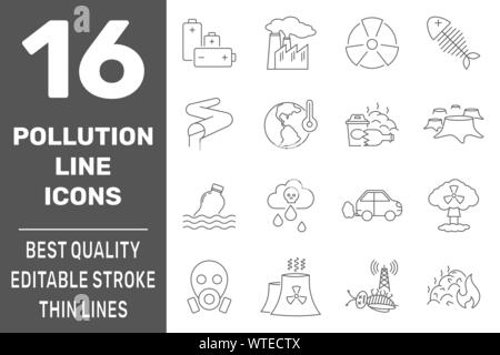 Problemi di ecologia linea set di icone con i simboli di inquinamento, isolato illustrazione vettoriale. Corsa modificabile. EPS 10. Illustrazione Vettoriale
