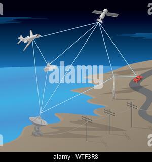 GPS via satellite di comunicazione di rete in scena con aerei, navi, Massa antenna, e auto, illustrazione vettoriale Illustrazione Vettoriale