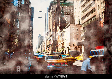 Moody impressione da New York City scena della Quinta Avenue a Manhattan con grattacieli e cappucci gialli di traffico. Pittura ad acquarello - Illustrazione Foto Stock