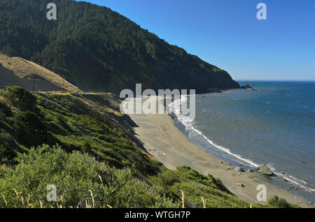 Vista lungo la spiaggia di Humbug Mountain State Park, Gold Beach, Oregon, con noi 101 che corre lungo le scogliere Foto Stock