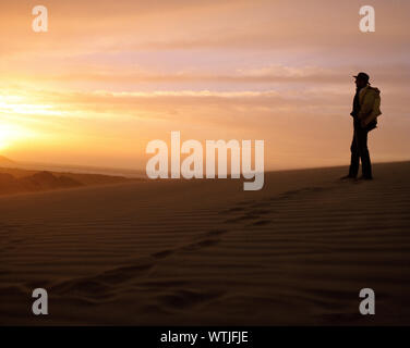 Uomo in piedi sulla duna di sabbia a guardare il tramonto Foto Stock