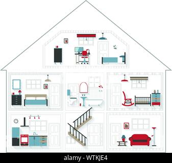 Schizzo spaccata casa residenziale con mobili in colori - camere molto dettagliati includono arredi - raggruppate e stratificata EPS10 contiene miscele Illustrazione Vettoriale