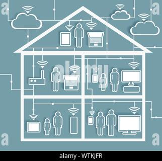 Collegamento Internet Wifi - il concetto di cloud computing ritaglio di carta adesivi con spaccato casa residenziale - EPS10 raggruppati e stratificati, contiene miscele Illustrazione Vettoriale