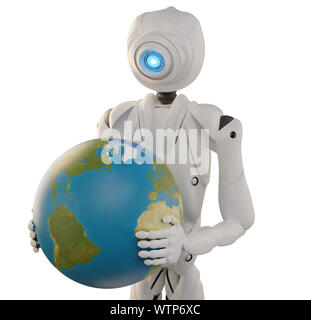 Il robot che tiene il pianeta terra mondo 3D-illustrazione. elementi di questa immagine fornita dalla NASA Foto Stock