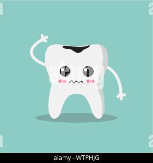 Carino e triste dente con una carie. Illustrazione Vettoriale. Illustrazione Vettoriale