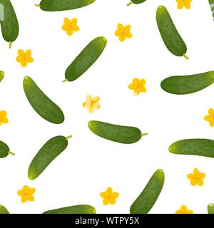 Cetrioli con fiori gialli. Modello senza giunture dello sfondo. Illustrazione Vettoriale. Cibo vegetariano. Illustrazione Vettoriale