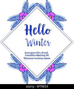 Foglie d'inverno colori blu e telaio ghirlanda, ciao inverno. Vettore Illustrazione Vettoriale