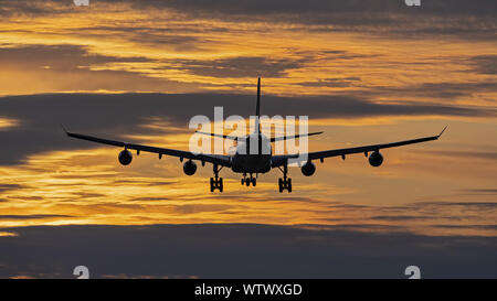 Richmond, British Columbia, Canada. 7 Sep, 2019. Un Airbus A340 wide-body jet aereo di linea, appartenenti a Edelweiss aria, stagliano dal sole al tramonto sul breve avvicinamento finale per l'atterraggio all'Aeroporto Internazionale di Vancouver. La Svizzera compagnia aerea per il tempo libero è interamente controllata da Swiss International Air Lines, parte del gruppo Lufthansa. Credito: Bayne Stanley/ZUMA filo/Alamy Live News Foto Stock