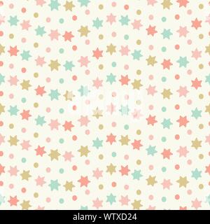 Disegnata a mano a stella e macchie a strisce ondulate seamless schema di ripetizione. Dolce color pastello disegno vettoriale ideale per bambini e progetti. Illustrazione Vettoriale