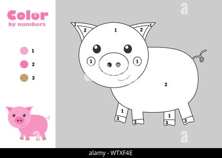 Maiale in stile cartoon, colore mediante il numero di carta di educazione gioco per lo sviluppo dei bambini, la colorazione pagina, i bambini in età prescolare attività, stampabile Illustrazione Vettoriale