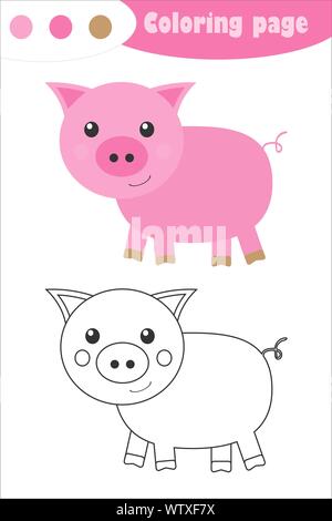 Maiale in stile cartoon, pagina di colorazione, molla educazione gioco della carta per lo sviluppo dei bambini, i bambini in età prescolare attività, foglio di lavoro stampabile, vettore Illustrazione Vettoriale