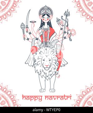 Biglietto di auguri. Holiday - Navratri. Icona di stile lineare (dea Durga) Illustrazione Vettoriale