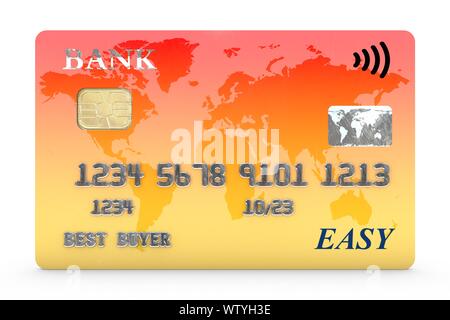 3d illustrazione: arancione carta di credito con un chip elettronico con connessione wireless a pagamento senza il simbolo indicante il marchio e i nomi delle banche Foto Stock