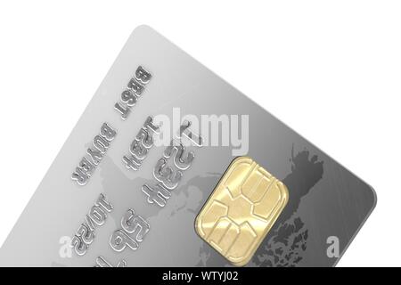 3d immagine: parte della carta di credito con un chip elettronico senza indicare il marchio e i nomi delle banche con la mappa del mondo di colore grigio-nero colore. Foto Stock