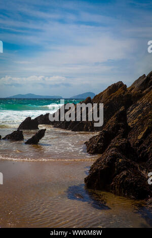 Rocce ricoperte di cozze a Coumeenoole Beach, Slea Head, penisola di Dingle, Kerry, Irlanda Foto Stock