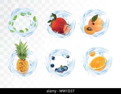 Impostare, la raccolta dei frutti e spruzzi d'acqua. Ananas, fragola, arancia, mirtillo, albicocca e menta con spruzzi di acqua blu. Illustrazione Vettoriale Illustrazione Vettoriale