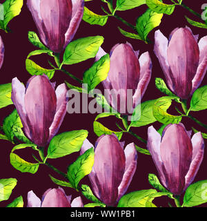 Acquerello disegnati a mano fiore di magnolia con fiori di colore rosa e foglie verdi modello senza giunture Foto Stock