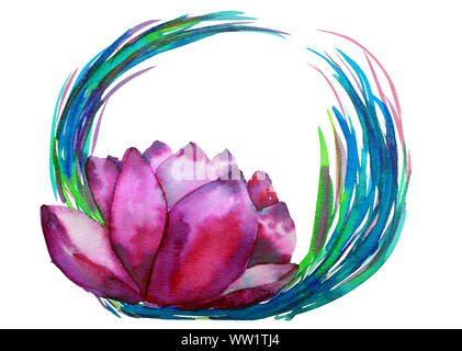 Acquerello lotus in colore rosa isolato su uno sfondo bianco con rotondo blu telaio ad acquerello. Può essere utilizzato per banner, schede di nozze e inviti Foto Stock