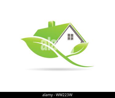 Eco Friendly Green House Logo. Casa sostenuta da foglie di piante. Il design del vettore Illustrazione Vettoriale