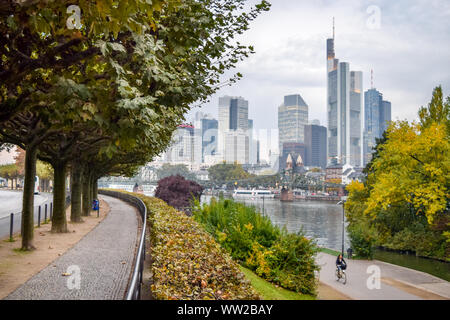 Passeggiate e percorsi in bicicletta a Urban Riverside Park, con lo skyline del centro di Francoforte in background (caduta / Autunno) - Francoforte sul Meno, Germania Foto Stock