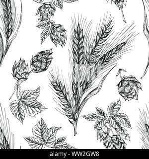 Modello senza giunture botanica disegnati a mano disegna le orecchie di un covone di grano e luppolo isolati su sfondo bianco. Stile di incisione. Telaio a base di erbe. Cucina naturale Illustrazione Vettoriale