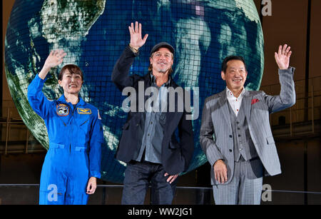 Tokyo, Giappone. Xii Sep, 2019. (L-R)ex astronauta Naoko Yamazaki, Brad Pitt e ex astronauta Mamoru Mouri partecipare alla conferenza stampa per il film " Ad Astra" presso il Museo Nazionale della Scienza emergente e innovazione 'Miraikan' a Tokyo in Giappone il Giovedì 12 Settembre, 2019. Foto di Keizo Mori/UPI Credito: UPI/Alamy Live News Foto Stock