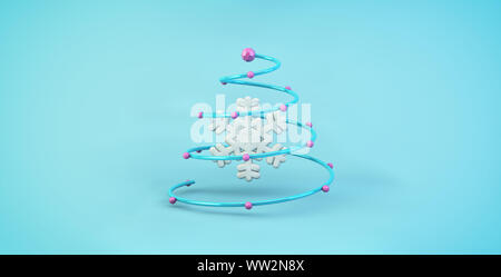 Spirale metallica nella forma di un albero di Natale con le palle e un fiocco di neve all'interno. Illustrazione Digitale. Il rendering 3D Foto Stock