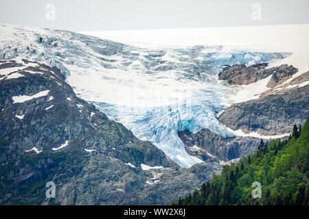 Il ghiacciaio Folgefonna cap in montagna con foreste in primo piano, Odda, Hardanger regione, Hordaland county, Norvegia Foto Stock