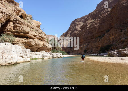 Uomo occidentale passeggiate turistiche in acqua poco profonda nel laghetto di Wadi Fusc, Oman, Medio Oriente Foto Stock