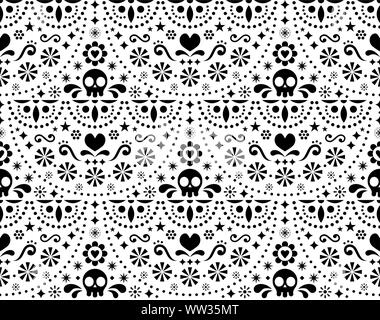 Arte popolare messicana vector seamless pattern con teschi, decorazioni di Halloween, fiori e forme astratte, in bianco e nero il design tessile Illustrazione Vettoriale