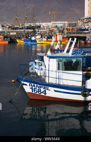 IQUIQUE, Cile - 22 gennaio 2015: barche da pesca di ancoraggio nel porto il 22 gennaio 2015 a Iquique, Cile Foto Stock