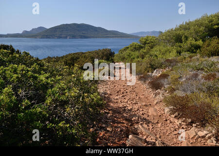 Il percorso pedonale che porta a Punta Giglio nel parco naturale di Porto Conte nel nord della Sardegna con il mare e Capo Caccia in background Foto Stock
