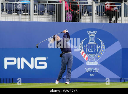 Auchterarder, Scotland, Regno Unito. Il 12 settembre 2019. Ultimo giorno di pratica a 2019 Solheim Cup su Centenary a Gleneagles. Nella foto; Annie Park sul primo tee. Iain Masterton/Alamy Live News Foto Stock