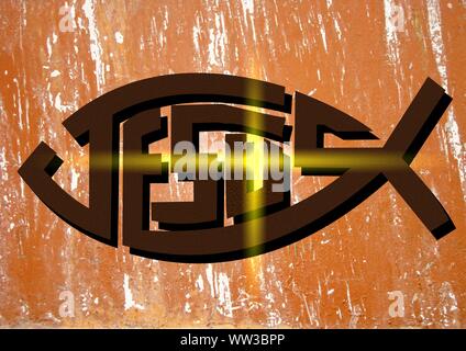 Gesù vive Gesù salva e il pesce icthus il segno per i credenti Foto Stock