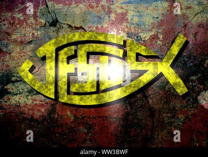 Gesù vive Gesù salva e il pesce icthus il segno per i credenti Foto Stock