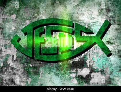 Gesù vive Gesù salva e il pesce icthus il segno per i credenti Foto Stock