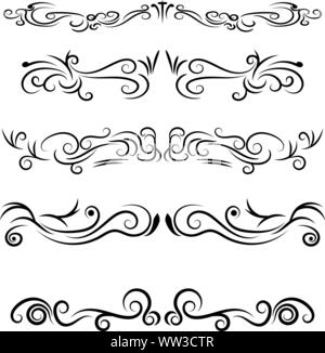 Disegnato a mano i divisori decorativo e frontiere vector set. Creative swirles calligrafico in arte divisori lo stile per il testo, tatoo, pagine e il decor varietà Illustrazione Vettoriale