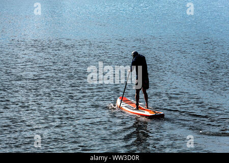 L'uomo imbarco su paddleboard, Cape Cod, Massachusetts, STATI UNITI D'AMERICA. Foto Stock